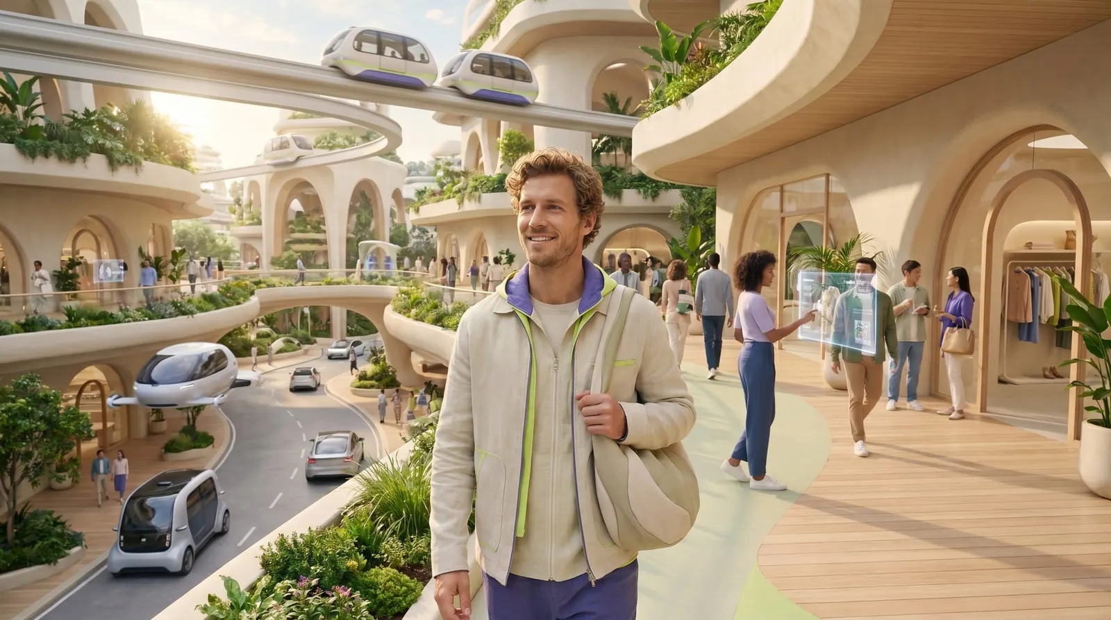 Escena Wiwo de futuro optimista con persona en retail